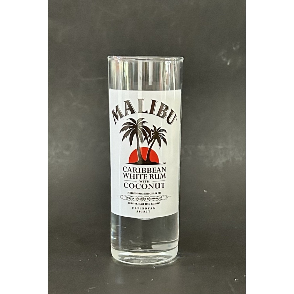 MALIBU Caribbean White Rum Coconut Shot Glass Distillery Advertising Clear 4in